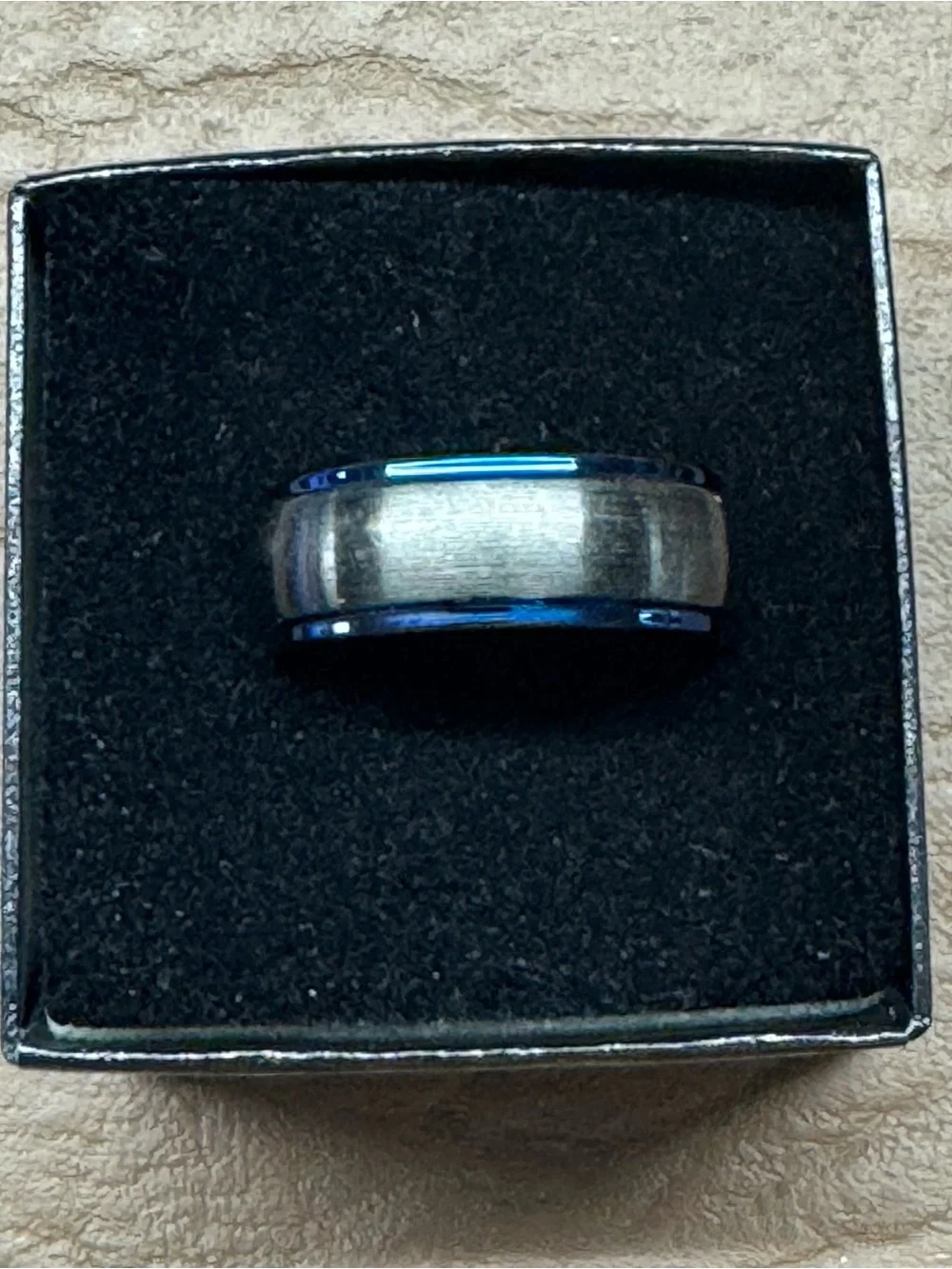 Tungsten Two-Tone Black Grey & Blue Grooved Inlay 8MM Wedding Band Size 8.5